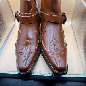 Alberto Fellini Men's Brown Western Cowboy Ankle Harness Boots with Flame Detail